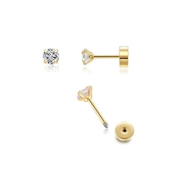 3mm Tiny CZ Screw on FlatBack Stud Earrings,Gold Plated Flat Back Cubic Zirconia - Picture 8 of 8